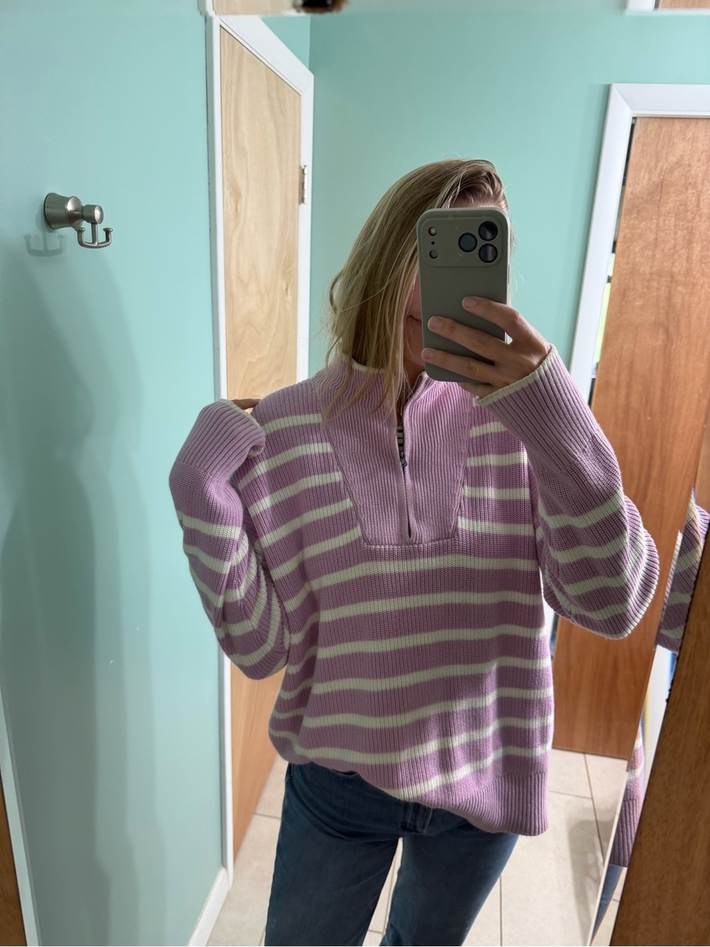 Lands' End Lavender & White Striped Half-Zip Sweater